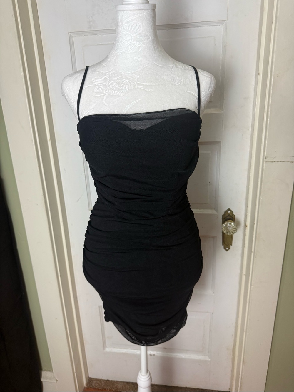 Windsor Ruched Mesh Overlay Mini Black Dress